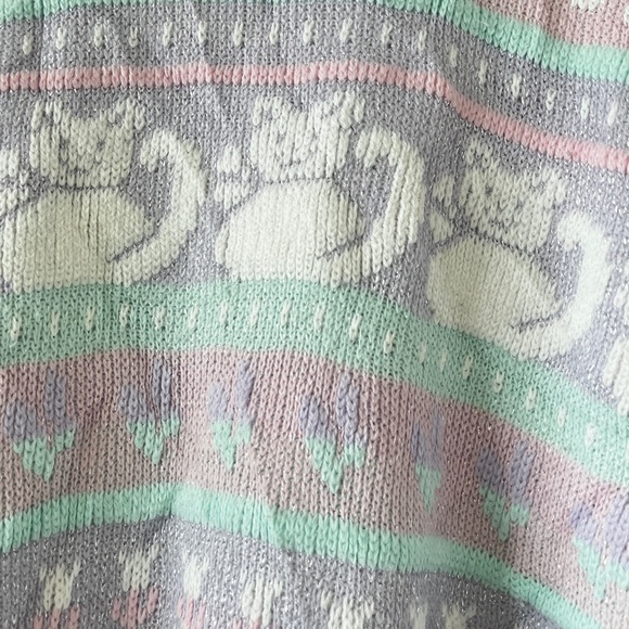 Vintage 80s Sparkle Cat Fairy Kei Sweater Pastel Pink Purple Kitty Kitten Kawaii - Picture 2 of 7